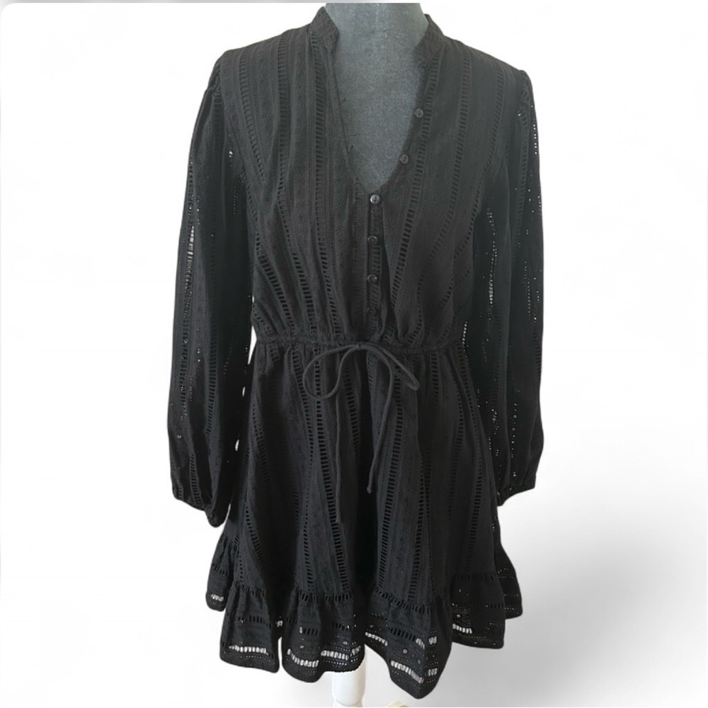 Black Eyelet Tie-Waist Long Sleeve Mini Dress